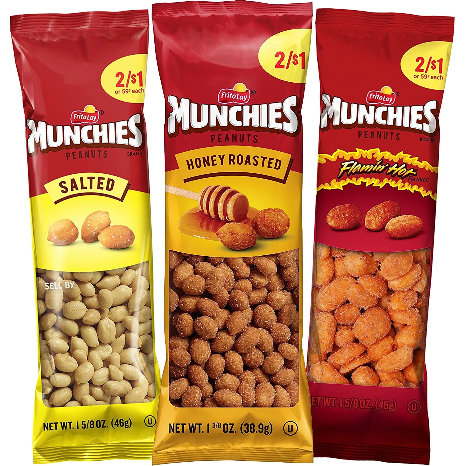 36 PACK - MUNCHIES PEANUT VARIETY PACK (SALTED, FLAMIN' HOT, HONEY ROASTED) FOR $10.68