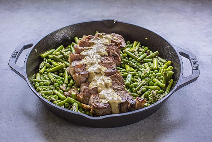 LODGE 12-INCH CAST IRON DUAL HANDLE PAN FOR $15.00