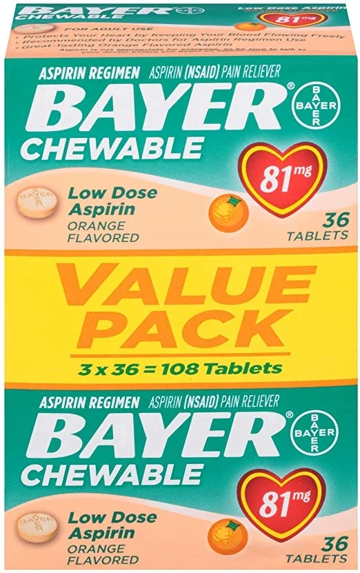 3 BOTTLES OF 36 - BAYER ASPIRIN REGIMEN 81MG CHEWABLE TABLETS, ORANGE FLAVOR FOR $4.04