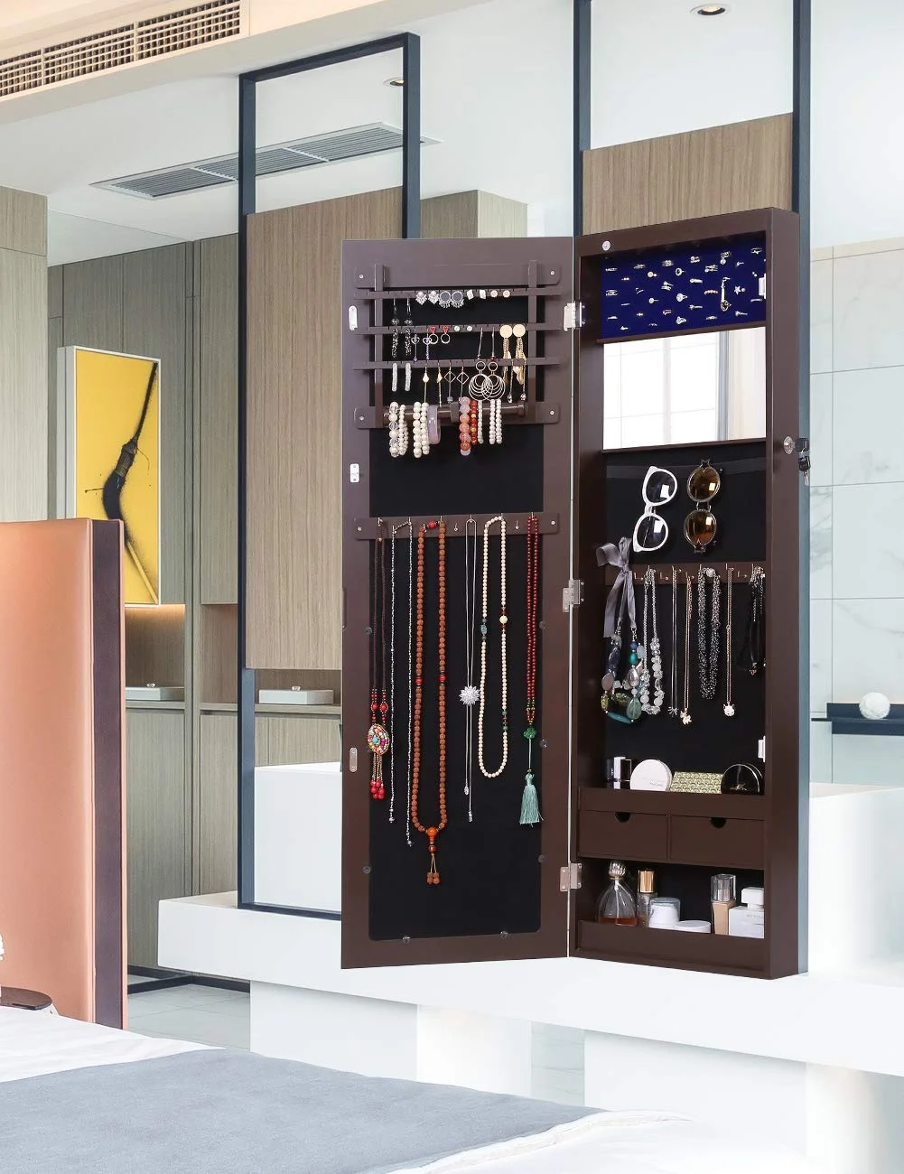 JEWELRY ARMOIRE LOCKABLE HANGING DOOR WITH 6 LED LIGHTS FOR $59.99