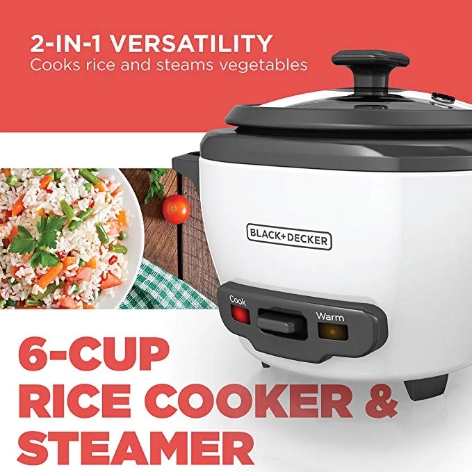 BLACK+DECKER 6-CUP COOKED / 3-CUP UNCOOKED RICE COOKER AND FOOD STEAMER FOR $12.99