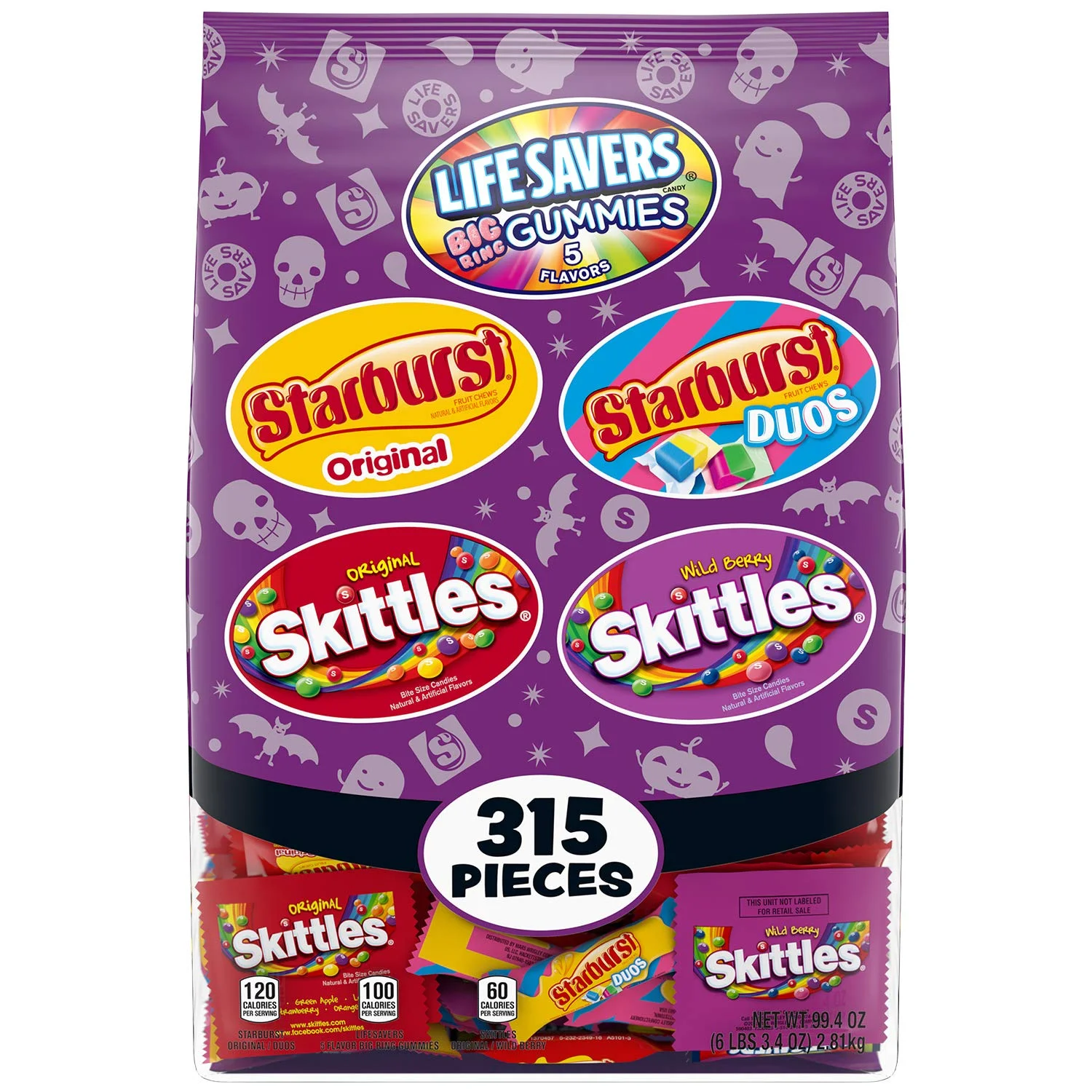 315 PACK - STARBURST, SKITTLES &amp; LIFE SAVERS GUMMIES HALLOWEEN CANDY FUN SIZE VARIETY MIX FOR $14.84