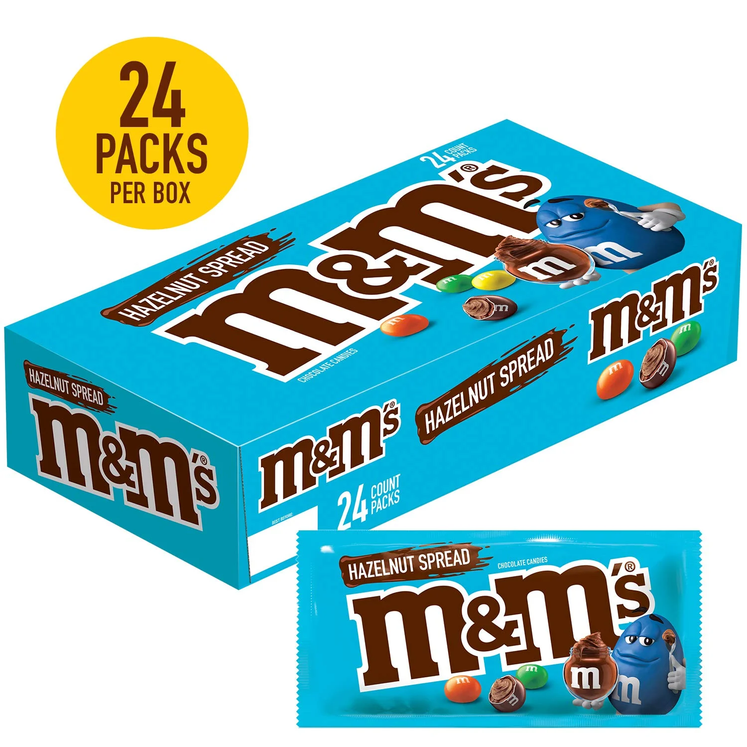 BOX OF 24 - M&amp;M'S HAZELNUT SPREAD FULL SIZE CHOCOLATE CANDY PACKS FOR $10.20