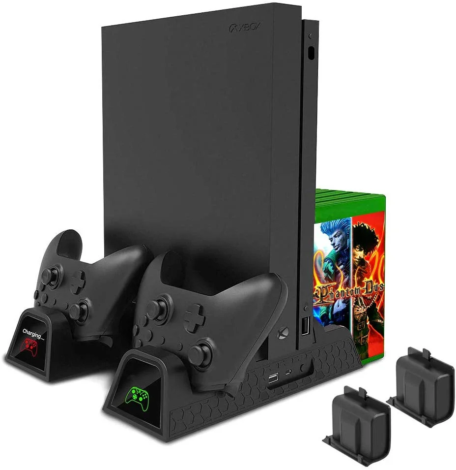 XBOX ONE VERTICAL COOLING STAND WITH 2,600MAH BATTERIES, 12 DISC STORAGE, USB PORT, AND 2 CONTROLLER CHARGING STATIONS FOR $21.44
