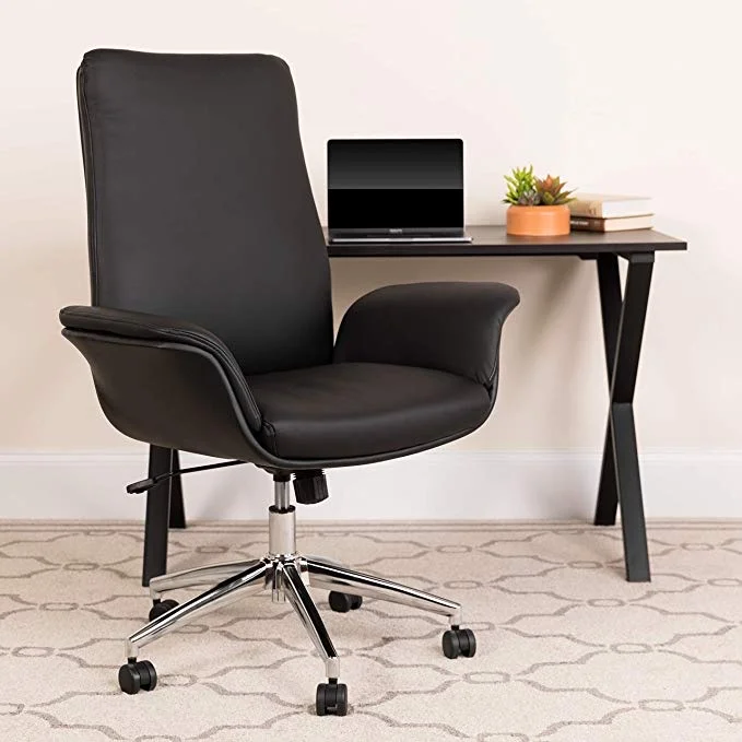 BLACK LEATHER EXECUTIVE SWIVEL OFFICE CHAIR WITH FLARED ARMS FOR $55.55