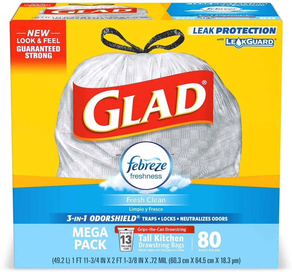 80 COUNT - GLAD TALL KITCHEN DRAWSTRING TRASH BAGS - ODORSHIELD FOR $7.79