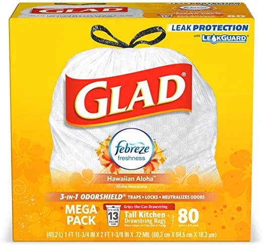 80 COUNT - GLAD TALL KITCHEN DRAWSTRING TRASH BAGS - ODORSHIELD, FEBREZE HAWAIIAN ALOHA FOR $9.58