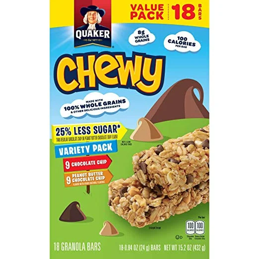 18 BARS - QUAKER CHEWY GRANOLA BARS, 25% LESS SUGAR VARIETY PACK FOR $3.79