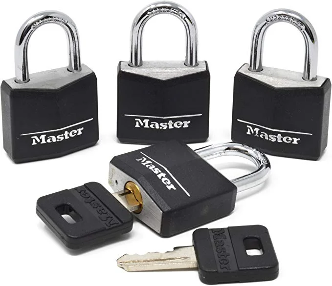 PACK OF 4 - MASTER LOCK PAD LOCK WITH KEY FOR $6.38