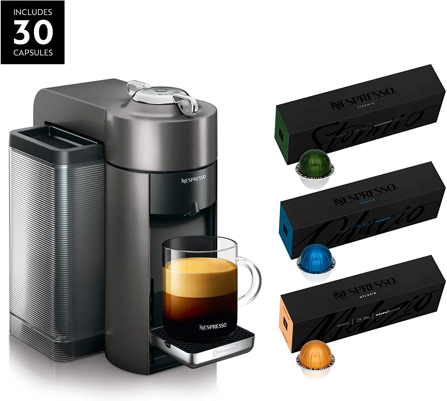 NESPRESSO COFFEE AND ESPRESSO MACHINE WITH 30 NESPRESSO VERTUOLINE COFFEE PODS FOR $99.99