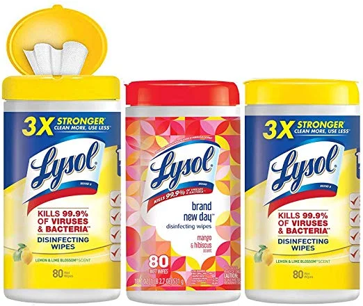 240 COUNT - LYSOL DISINFECTING WIPES, 2 LEMON + 1 MANGO (80 WIPES PER BOTTLE) FOR $7.47