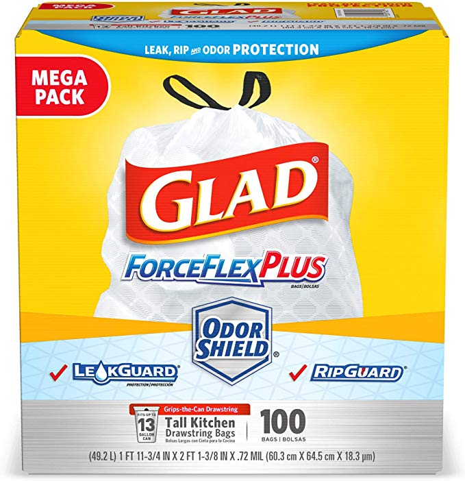 100 COUNT - GLAD FORCEFLEX TALL KITCHEN DRAWSTRING TRASH BAGS FOR $12.99