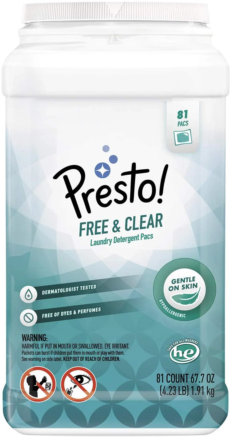PACK OF 81 - AMAZON BRAND - PRESTO! LAUNDRY DETERGENT PACS, FREE &amp; CLEAR FOR $10.80