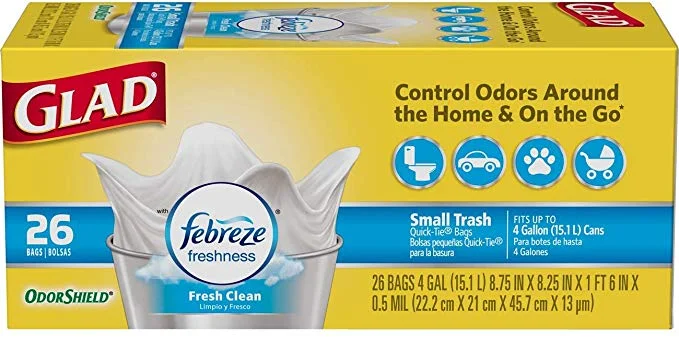 156 COUNT - GLAD SMALL TRASH BAGS - ORDOSHIELD 4 GALLON - FEBREZE FRESH CLEAN (6 BOXES OF 26) FOR $9.25