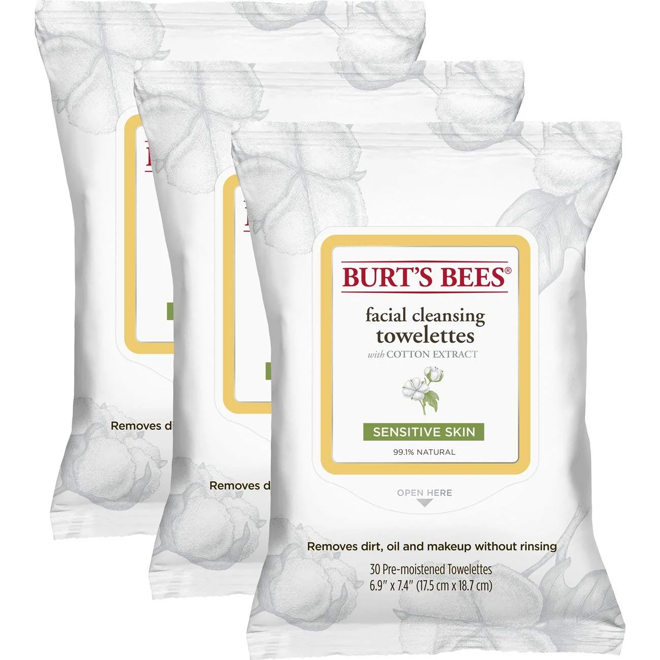 3 PACK - BURT'S BEES SENSITIVE FACIAL CLEANSING TOWELETTES WITH COTTON EXTRACT FOR SENSITIVE SKIN (30 COUNT PER PACK) FOR $8.52