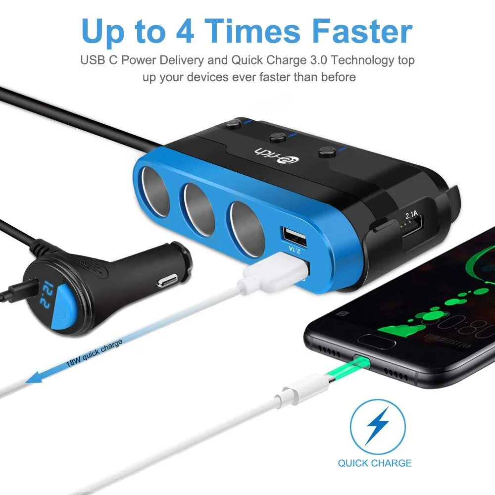 QUICK CHARGE 3.0 &amp; USB C 120W 3-SOCKET CIGARETTE LIGHTER ADAPTER FOR $8.00