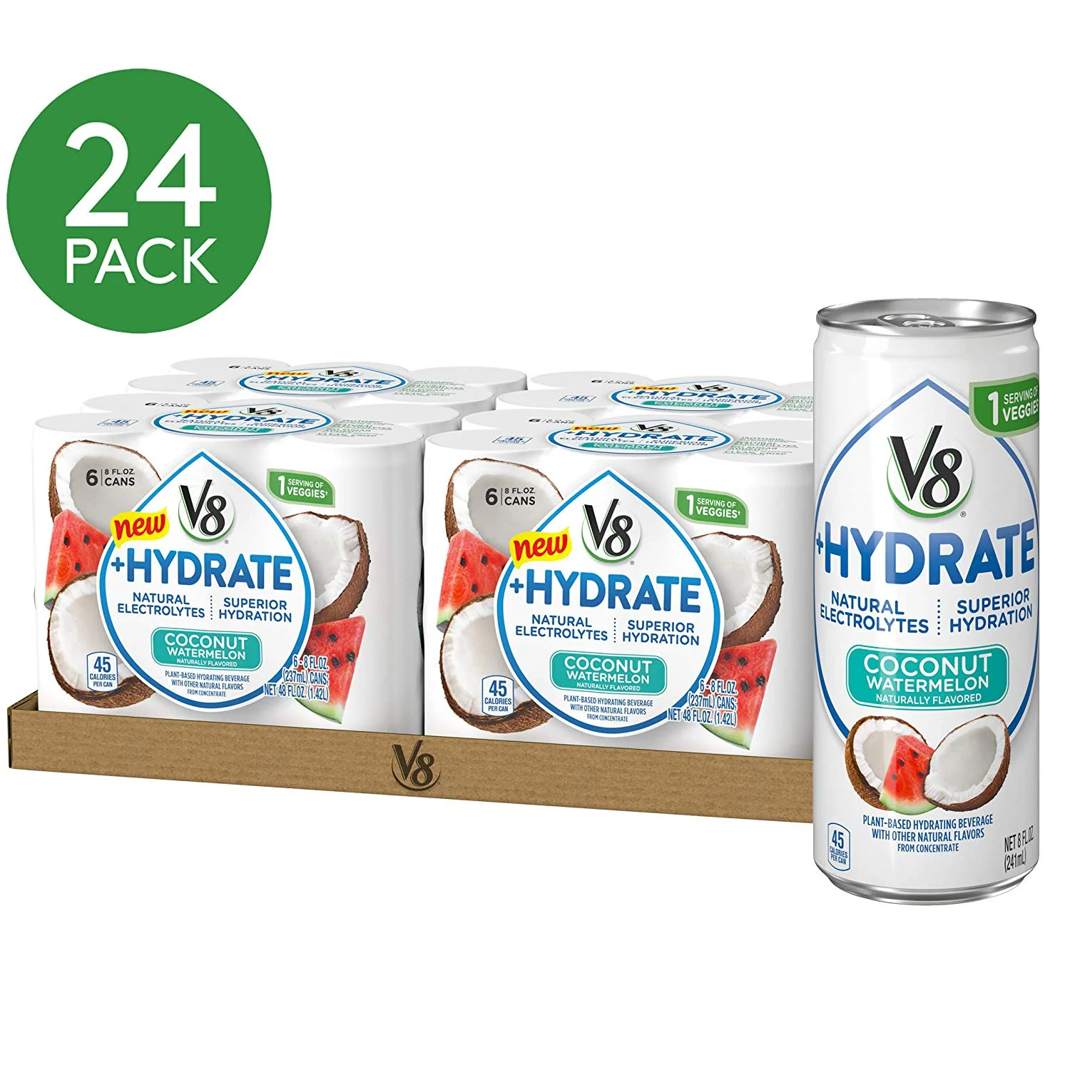 24 PACK - V8 +HYDRATE PLANT-BASED HYDRATING BEVERAGE, COCONUT WATERMELON, 8 FL OZ. CANS FOR $6.21