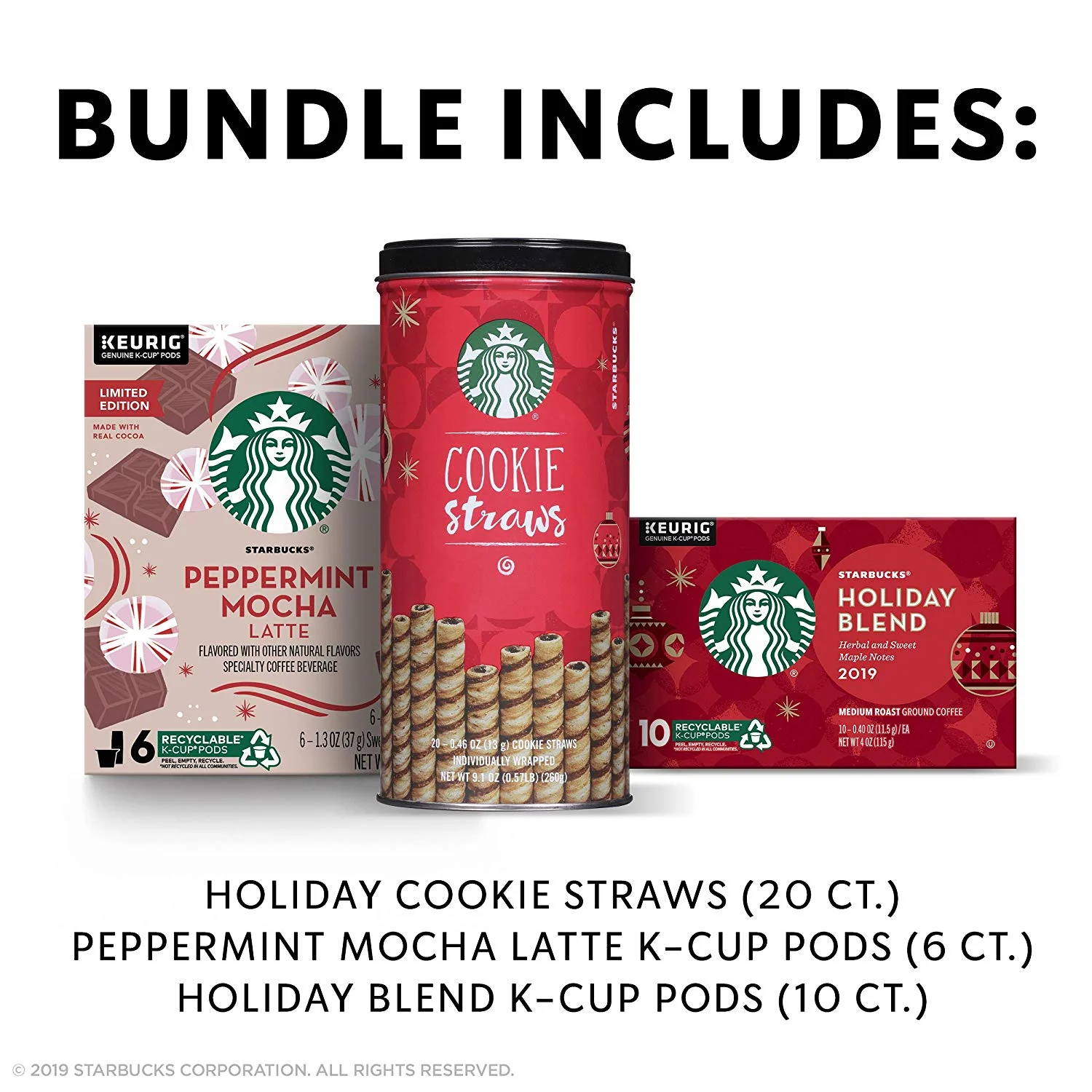 STARBUCKS HOLIDAY BUNDLE | 10 HOLIDAY BLEND MEDIUM ROAST COFFEE K-CUP PODS, 6 PEPPERMINT MOCHA LATTE FLAVORED COFFEE K-CUP PODS AND 20 COOKIE STRAWS FOR $13.33