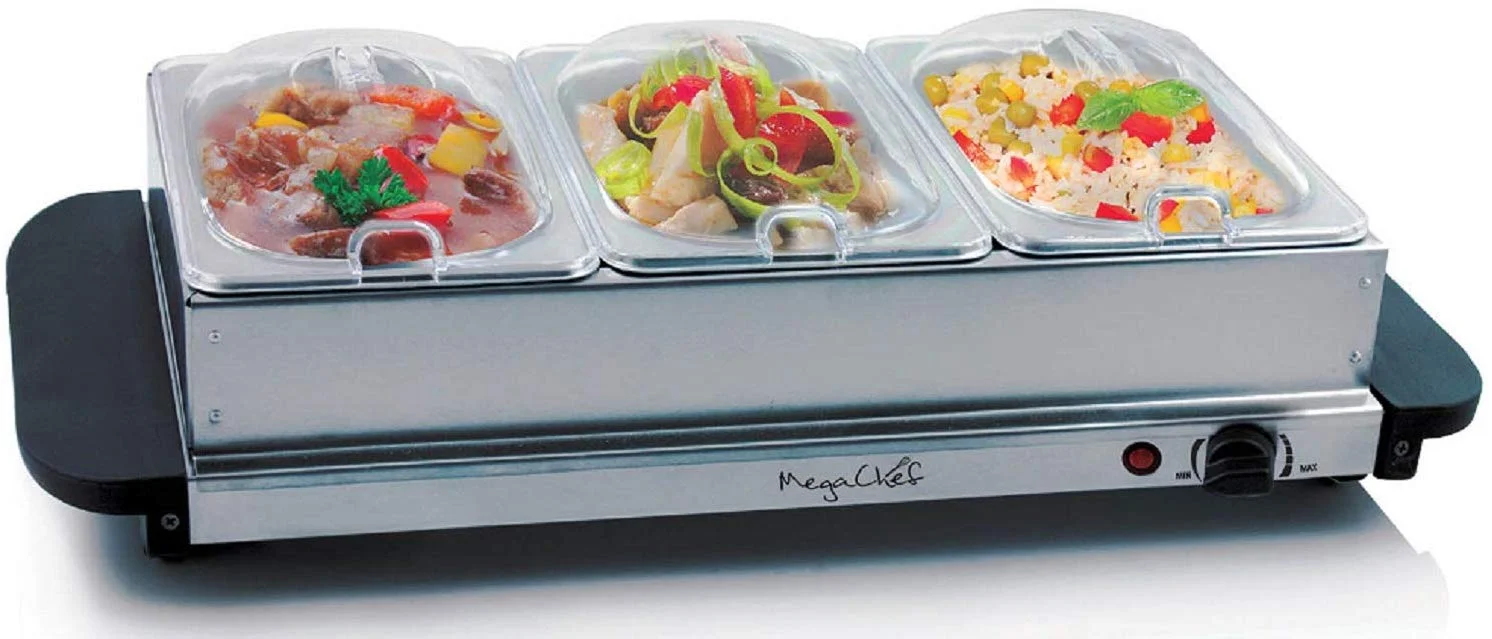 MEGACHEF BUFFET SERVER &amp; FOOD WARMER WITH 3 REMOVABLE SECTIONAL TRAYS, HEATED WARMING TRAY AND REMOVABLE TRAY FRAME FOR $25.38