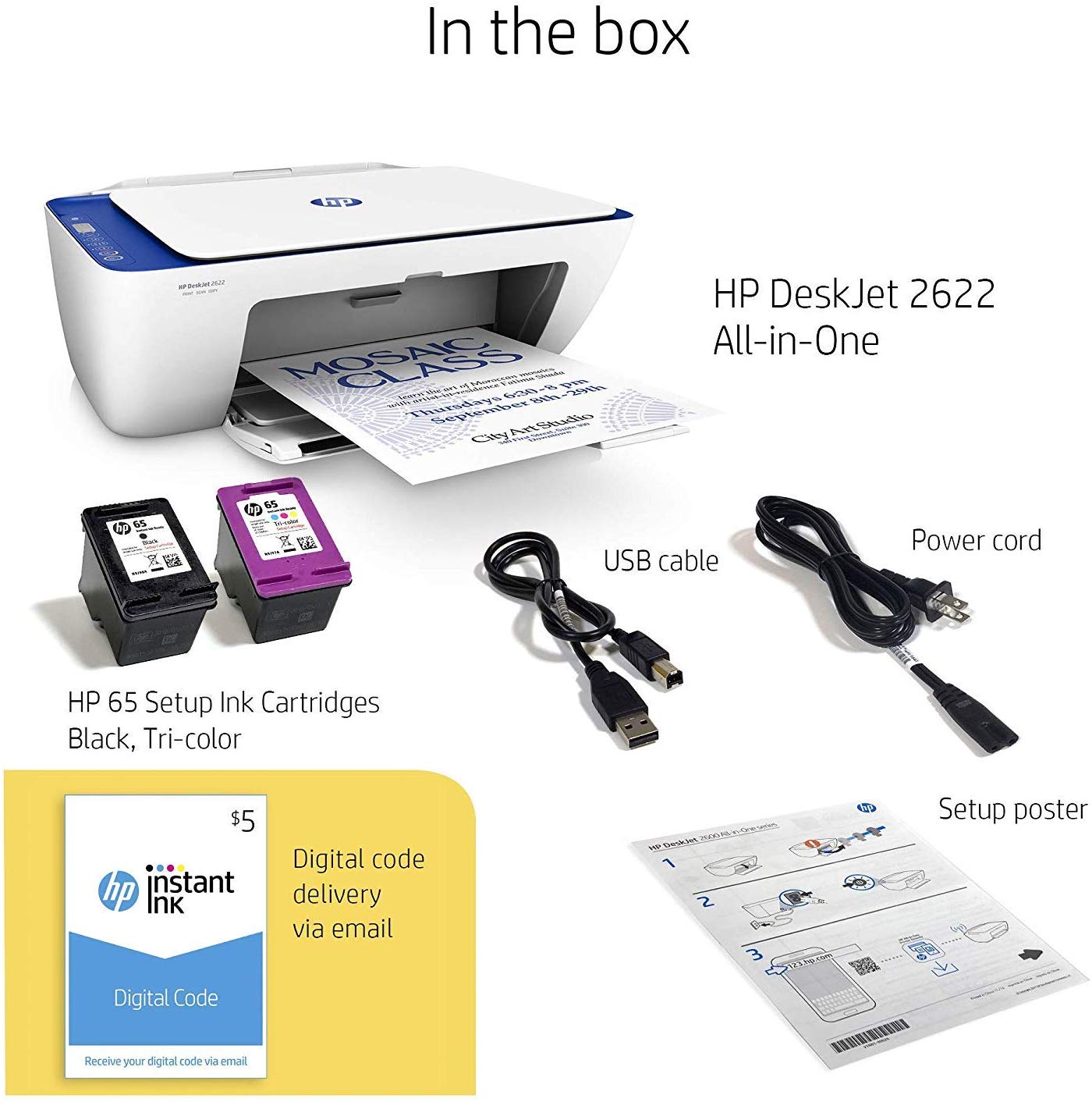 HP DESKJET 2622 ALL-IN-ONE COMPACT PRINTER + INSTANT INK $5 PREPAID CODE FOR $19.99
