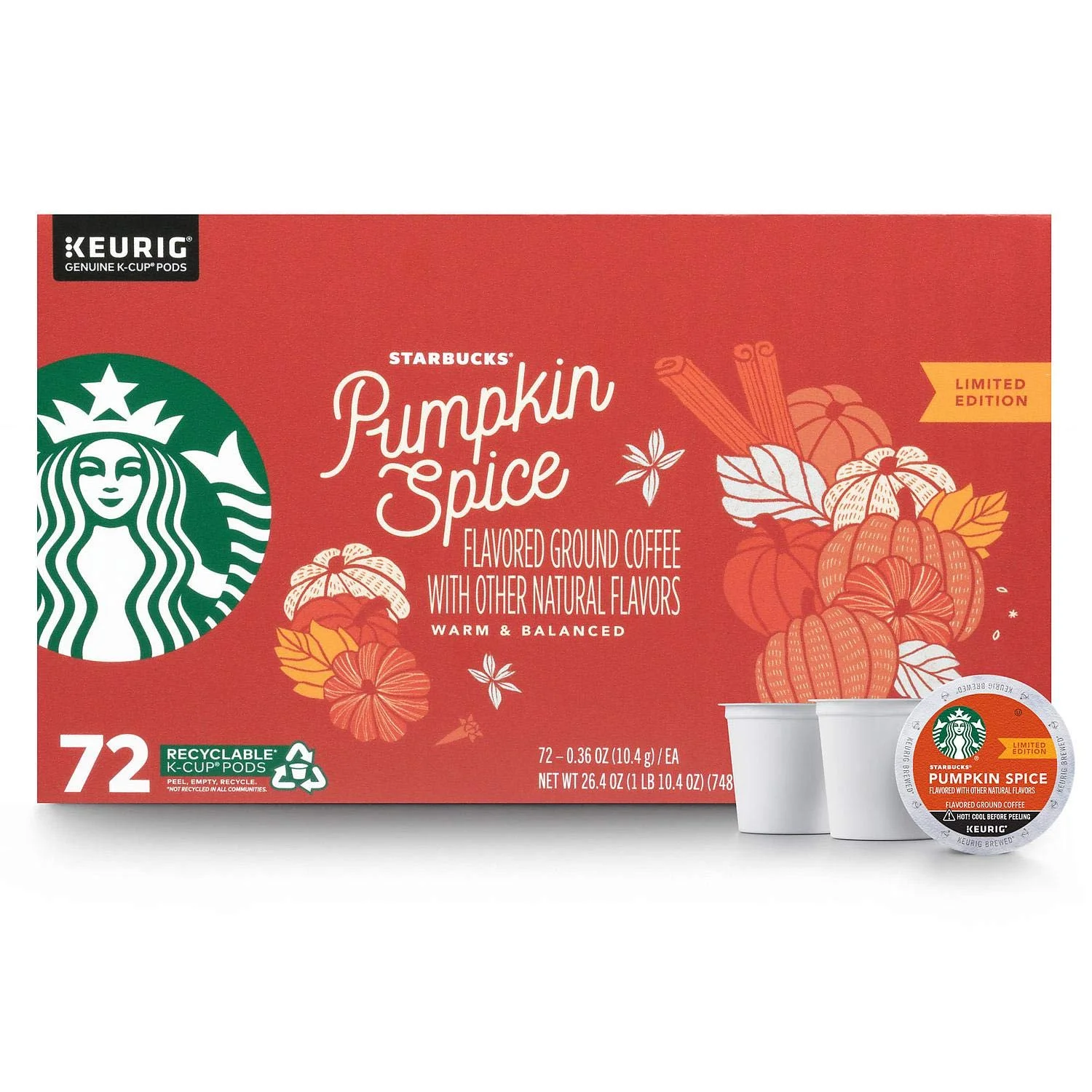 72 PODS - STARBUCKS PUMPKIN SPICE FLAVORED COFFEE FOR $36.98