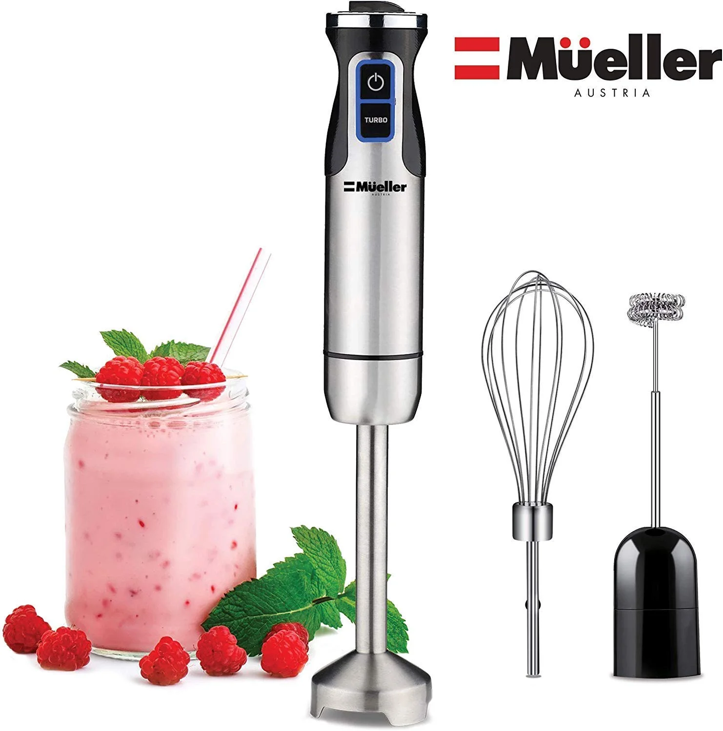 MUELLER AUSTRIA ULTRA-STICK 500 WATT 9-SPEED IMMERSION MULTI-PURPOSE HAND BLENDER WITH WHISK &amp; MILK FROTHER ATTACHMENTS FOR $28.47