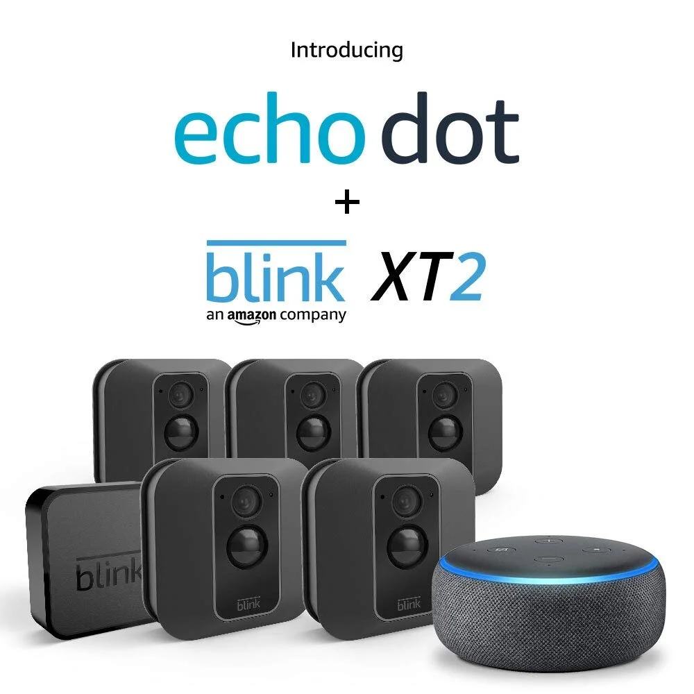 ECHO DOT (CHARCOAL) WITH BLINK XT2 OUTDOOR/INDOOR SMART SECURITY CAMERA - 5 CAMERA KIT FOR $284.99