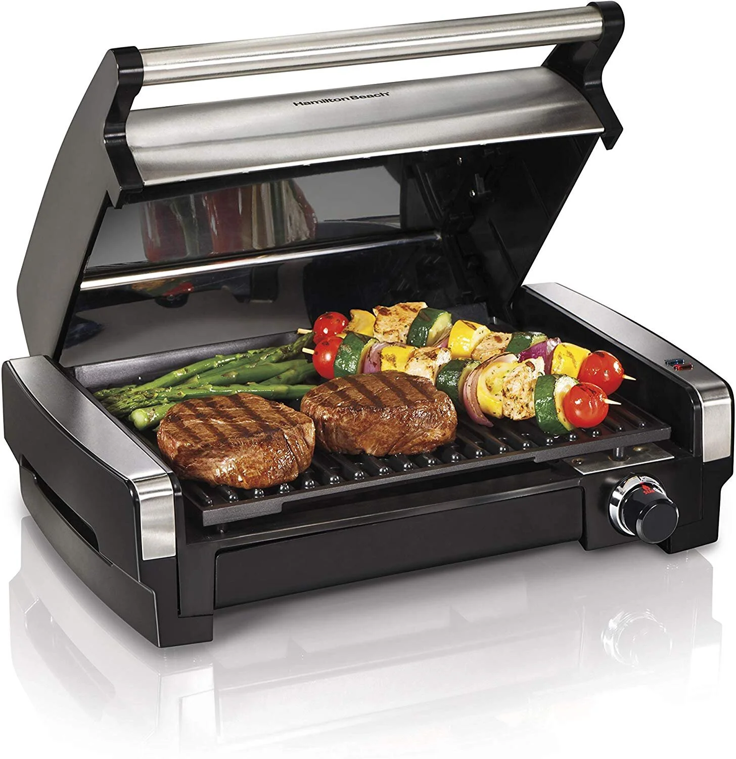 HAMILTON BEACH ELECTRIC INDOOR SEARING GRILL REMOVABLE EASY-TO-CLEAN NONSTICK PLATE FOR $39.99