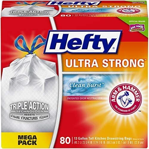 HEFTY ULTRA STRONG TALL KITCHEN TRASH BAGS - CLEAN BURST, 13 GALLON, 80 COUNT FOR $9.60