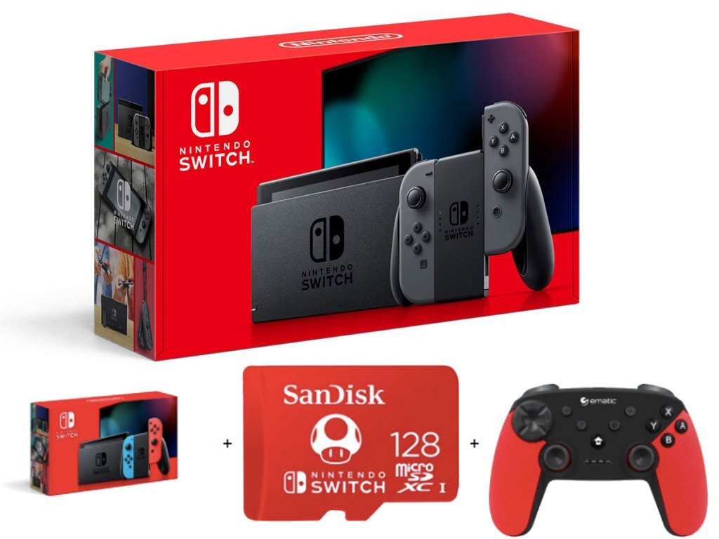 NINTENDO SWITCH BUNDLE WITH BONUS 128GB SANDISK MEMORY CARD AND EMATIC CONTROLLER FOR $299.00