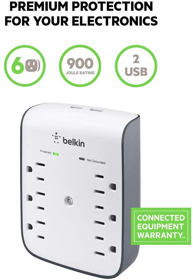 BELKIN 6-OUTLET USB SURGE PROTECTOR WITH WALL MOUNT FOR $18.69
