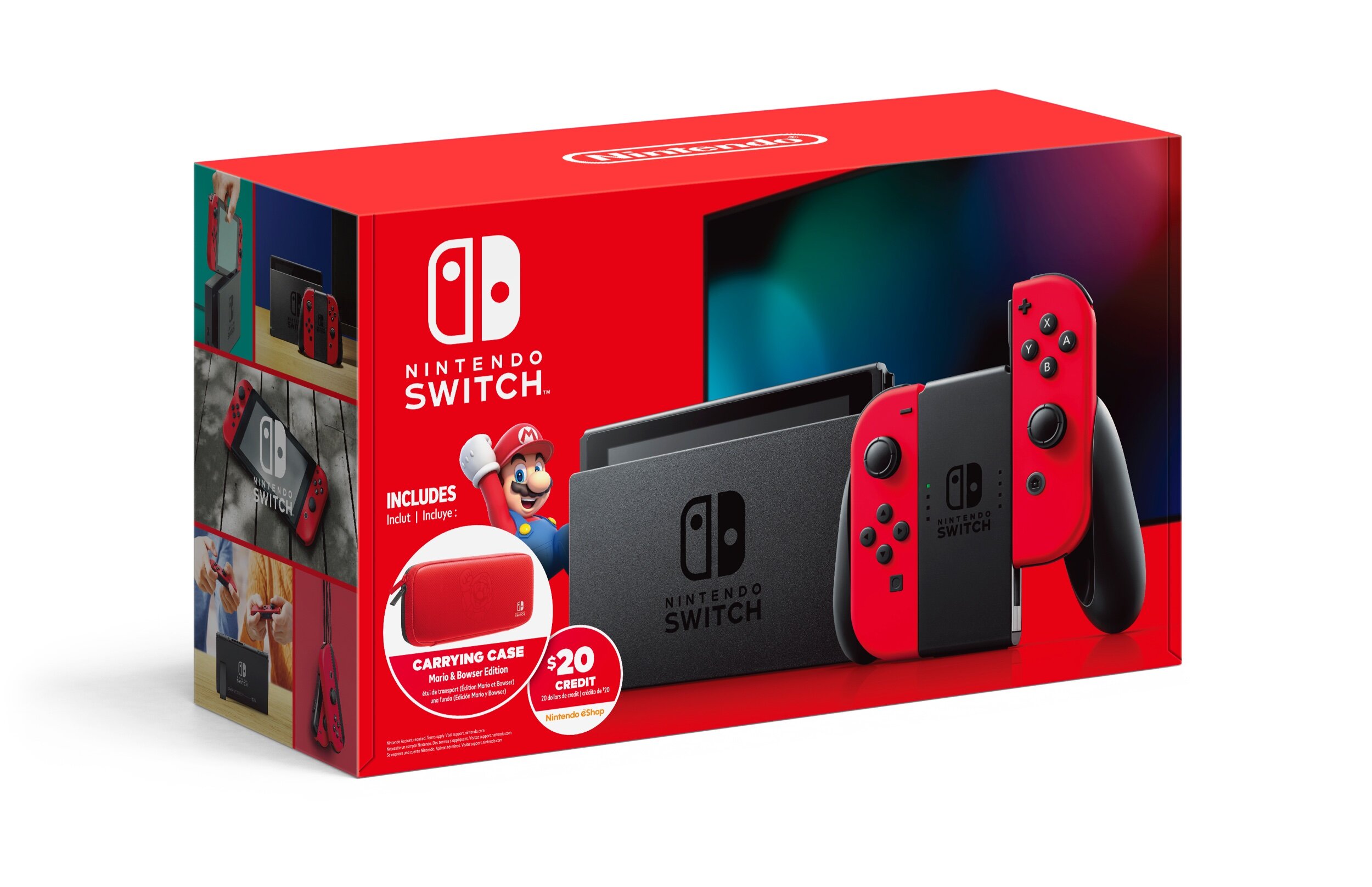 NINTENDO SWITCH BUNDLE WITH MARIO RED JOY-CON, $20 NINTENDO ESHOP CREDIT, AND CARRYING CASE FOR $299.00