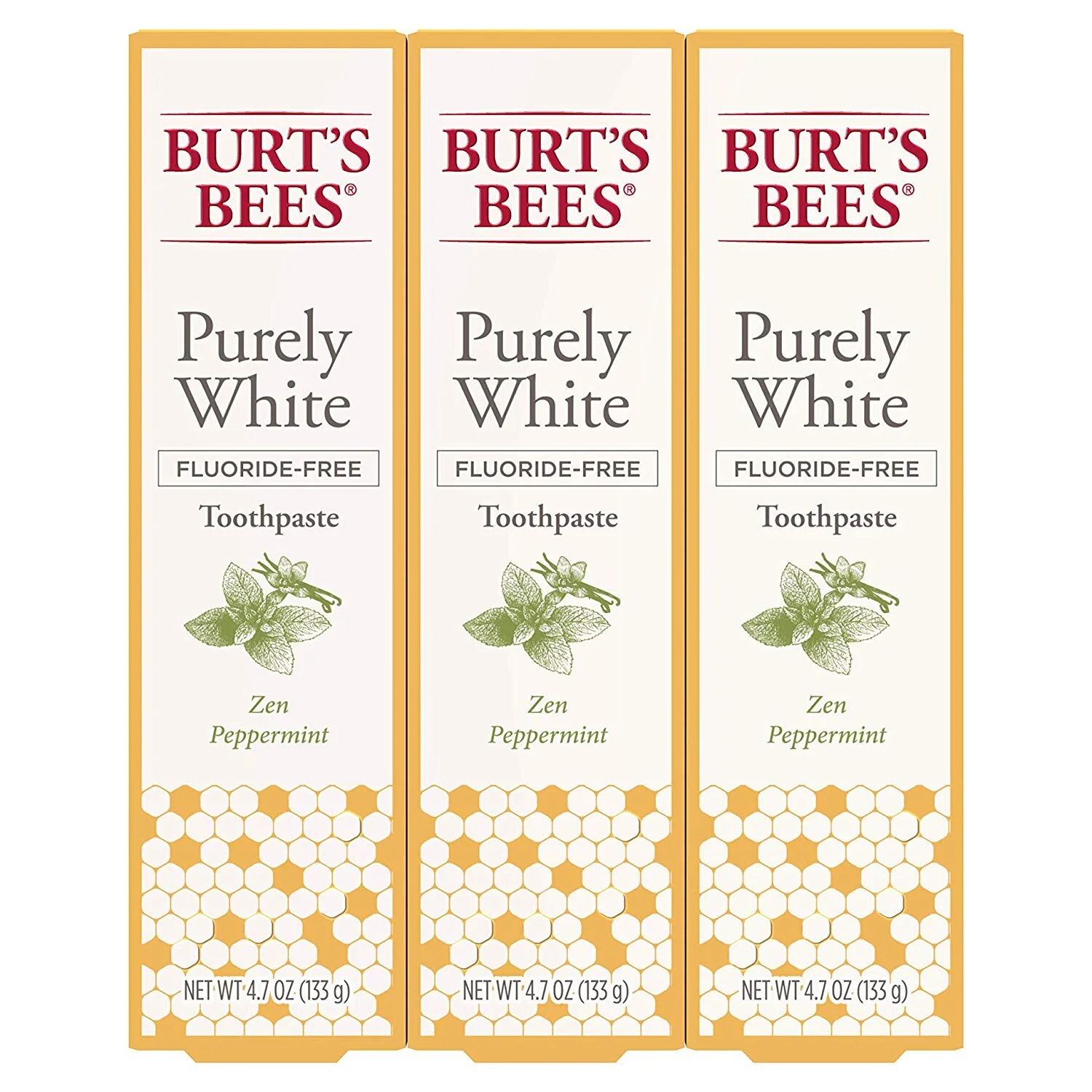 BURT'S BEES TOOTHPASTE, NATURAL FLAVOR, FLUORIDE FREE PURELY WHITE, ZEN PEPPERMINT, 4.7OZ 3 COUNT FOR $7.98