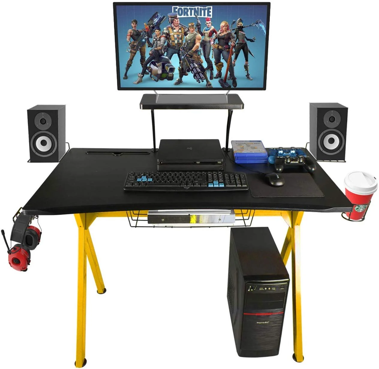 GAMING COMPUTER DESK WITH DISPLAY SUPPORT PLATE, CUP HOLDER, HEADPHONE HOOK, AND SPEAKER HOLDERS FOR $49.99