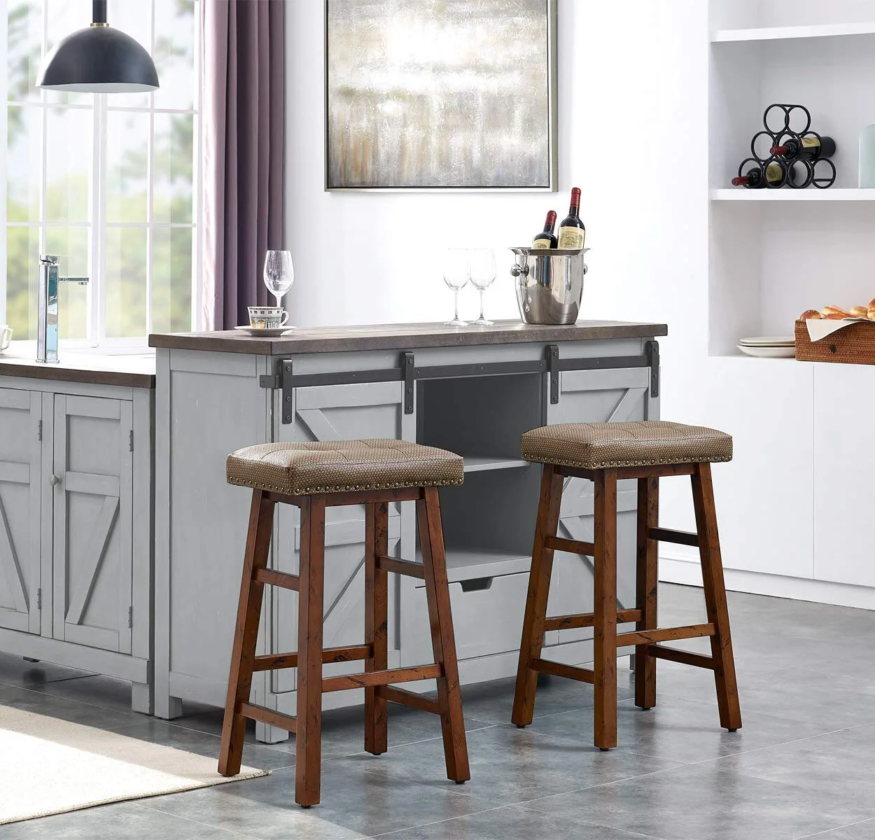 SET OF 2 - 30-INCH BAR HEIGHT STOOLS WITH WOOD SADDLE-SEAT STOOL CHAIR WITH UPHOLSTERED FOR $40.00