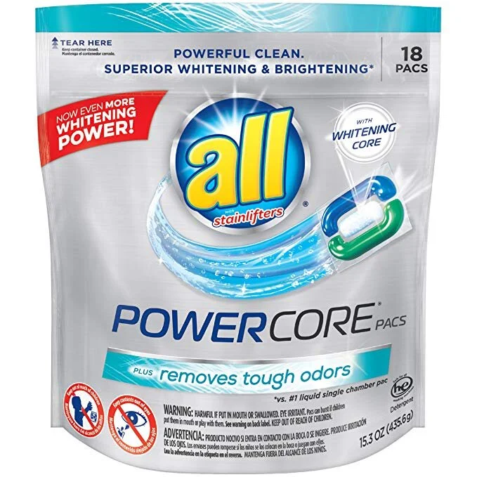 36 COUNT - ALL POWERCORE PACS LAUNDRY DETERGENT PLUS REMOVES TOUGH ODORS (2 PACK OF 18) FOR $6.49