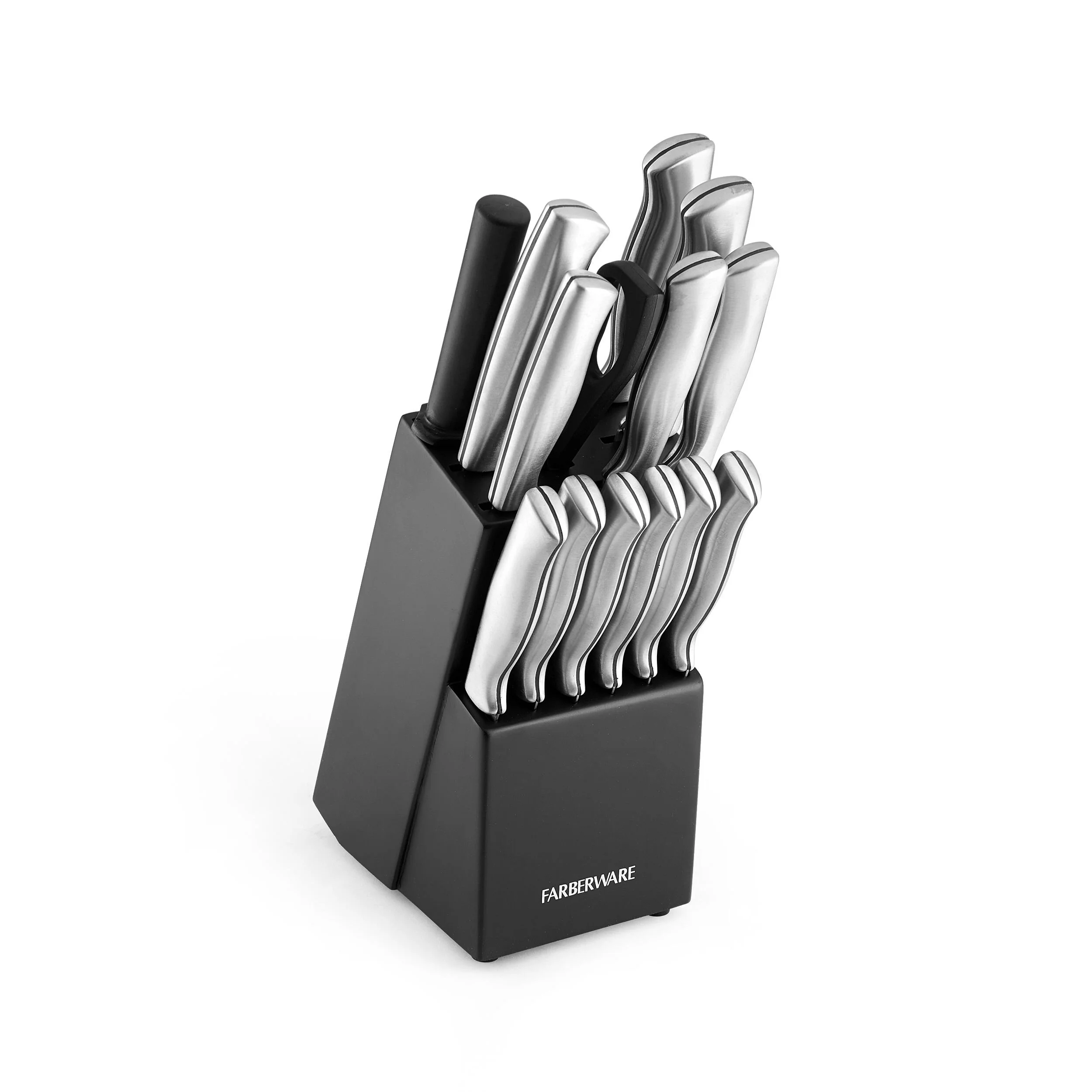 FARBERWARE 15 PIECE STAMPED STAINLESS STEEL KNIFE BLOCK SET FOR $19.99 