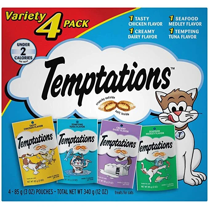 TEMPTATIONS TREATS FOR CATS VARIETY PACKS, 3 OZ POUCHES FOR $6.00