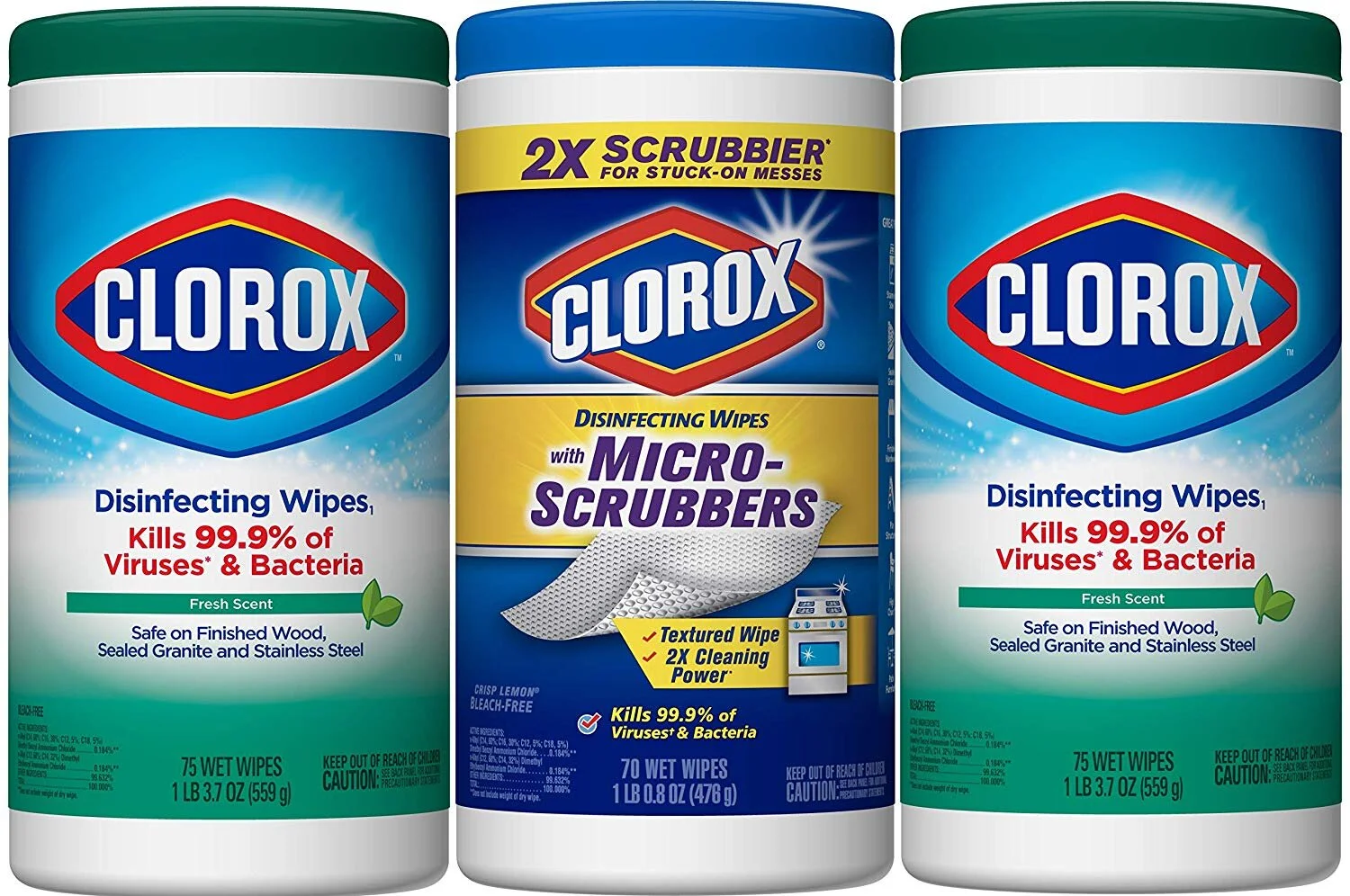 CLOROX DISINFECTING WIPES PLUS CLOROX DISINFECTING WIPES WITH MICRO-SCRUBBERS, 3 PACK FOR $8.95