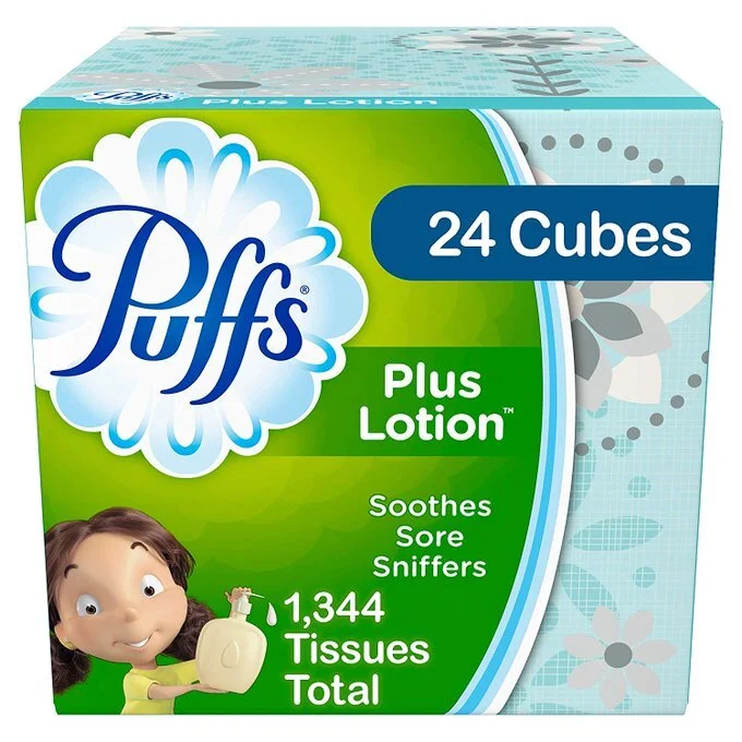 PUFFS PLUS LOTION FACIAL TISSUES, 24 CUBE BOXES, 56 TISSUES PER BOX (1344 TISSUES TOTAL) FOR $19.95