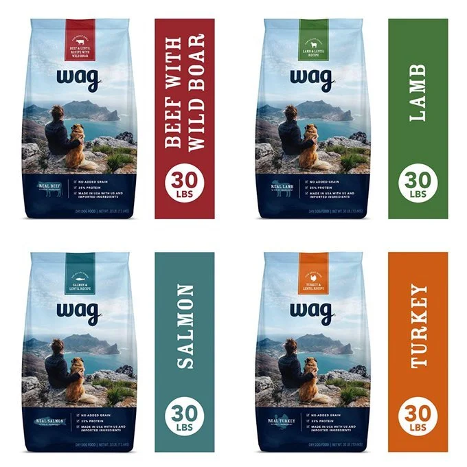 WAG AMAZON BRAND DRY DOG FOOD, 30 POUND BAG FOR $21.84