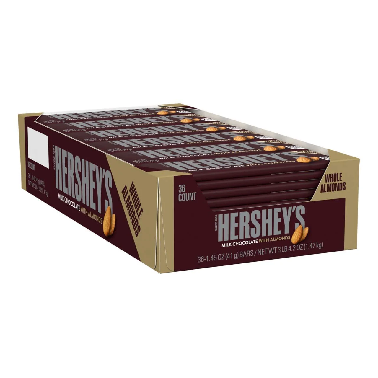 HERSHEY’S MILK CHOCOLATE WITH ALMONDS CANDY BARS, 1.45-OZ. BARS, 36 COUNT FOR $22.99