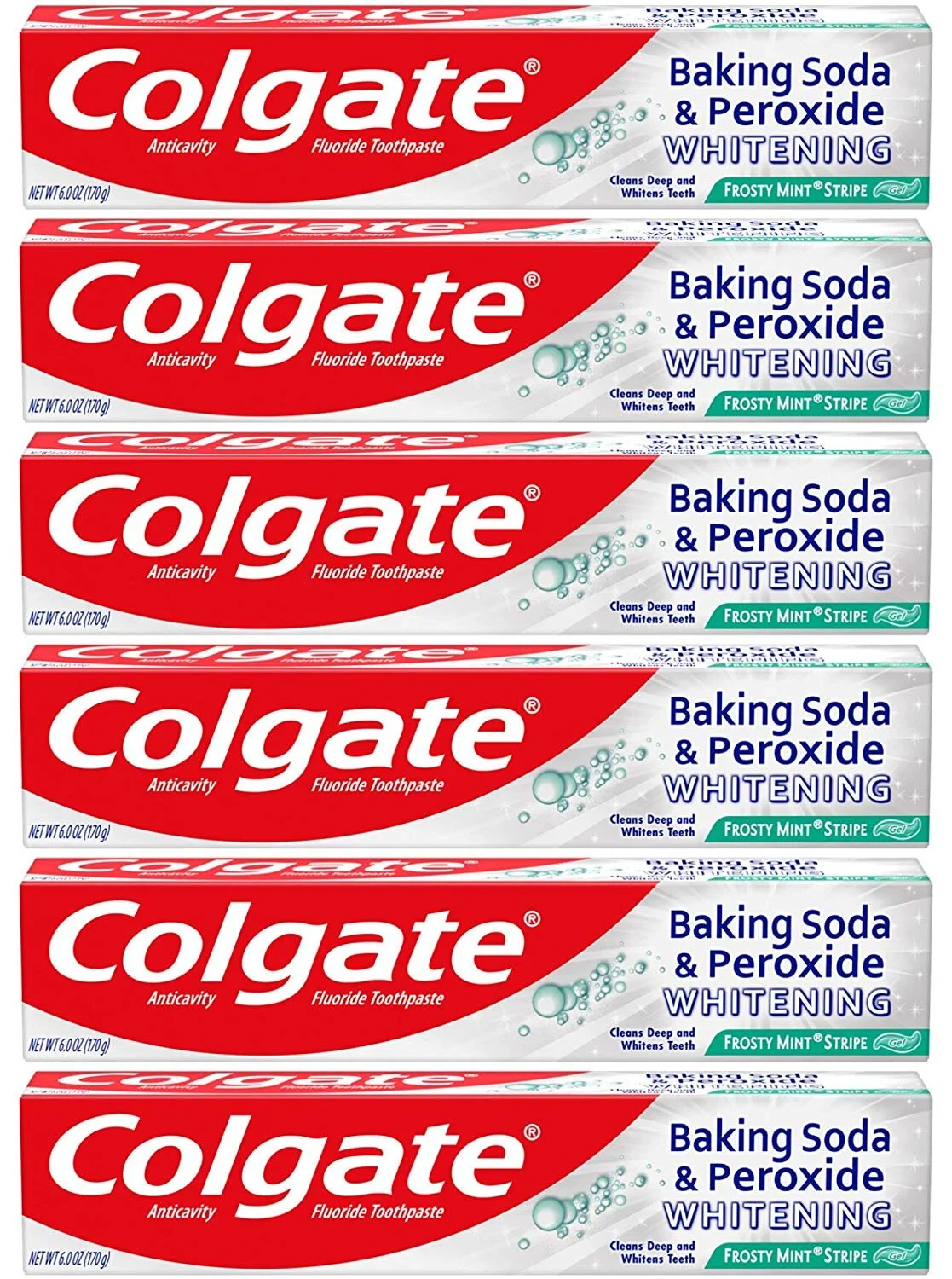 COLGATE BAKING SODA AND PEROXIDE WHITENING TOOTHPASTE, FROSTY MINT - 6 OUNCE (6 PACK) FOR $7.60
