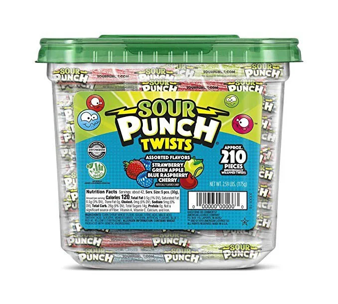 SOUR PUNCH SOUR PUNCH TWISTS, 3" INDIVIDUALLY WRAPPED CHEWY CANDY, 4 FRUITY FLAVORS, 2.59 LB JAR, 210 COUNT FOR $9.98