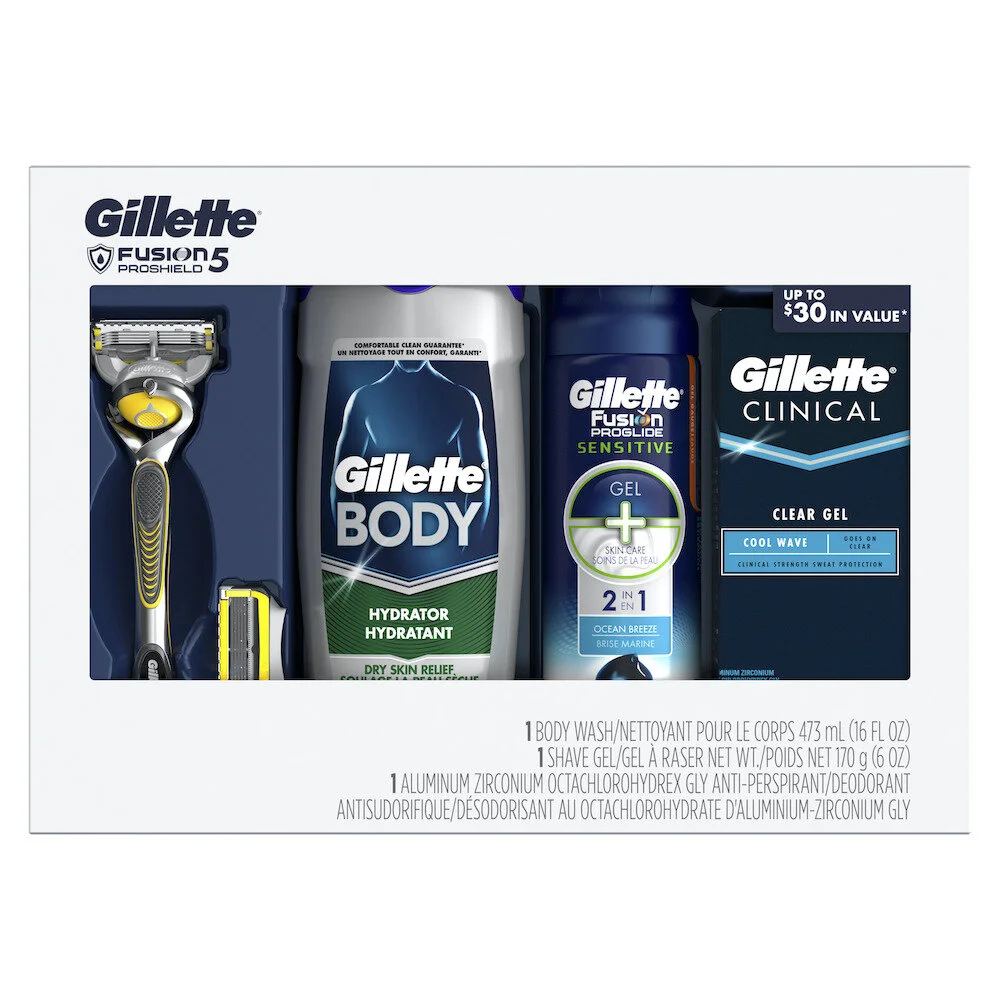 GILLETTE FUSION5 PROSHIELD MEN'S RAZOR HOLIDAY GIFT PACK INCLUDING 1 RAZOR, 1 RAZOR BLADE, 1 BODY WASH, 1 SHAVE GEL, AND 1 DEODORANT FOR $8.59