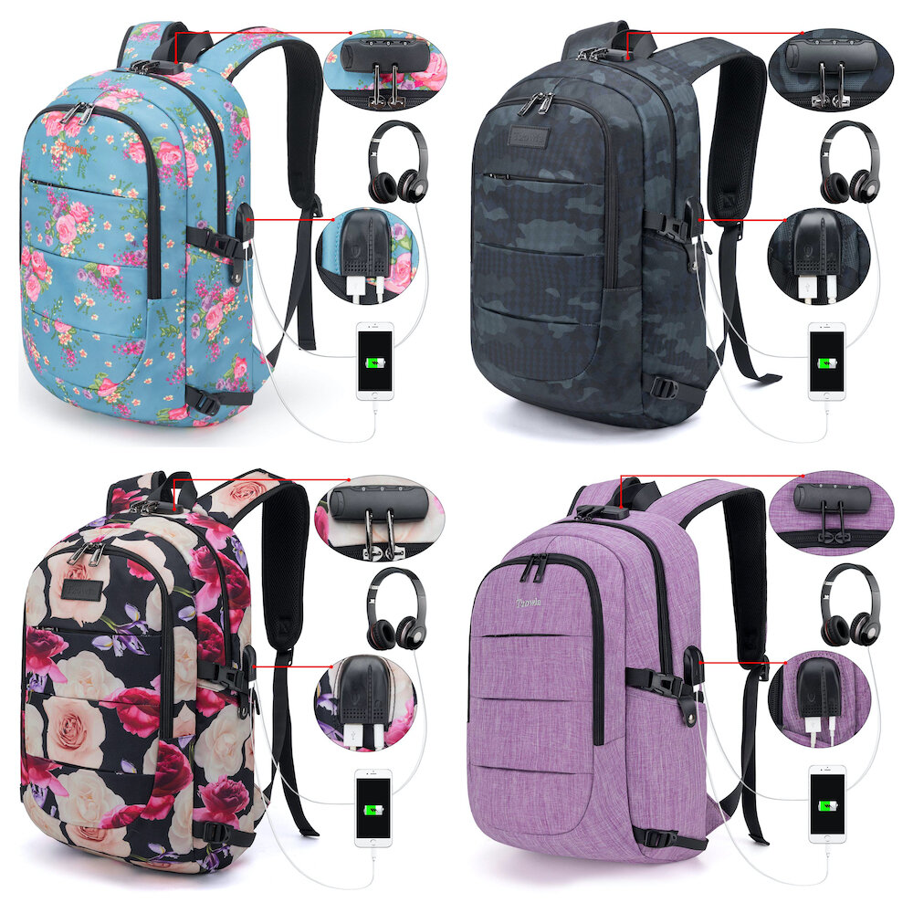 WATER-RESISTANT ANTI-THEFT LAPTOP BACKPACK WITH USB PORT AND HEADPHONE JACK FOR $17.99