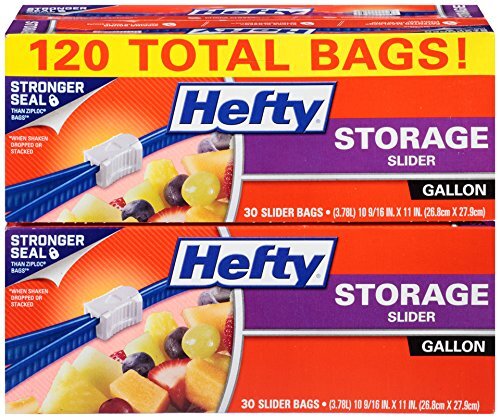 HEFTY SLIDER STORAGE BAGS, GALLON SIZE, 4 BOXES OF 30 (120 TOTAL) FOR $7.21