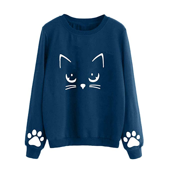 Meikosks Womens Cat Weater Pullover Crewneck Long Sleeve Blouse Cute Graphic Print Sweatshirts Top for $4.79