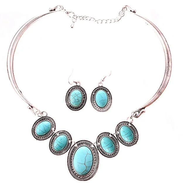 Qiyun (TM) Tibet Silver Collar Choker Turquoise Blue Bead Stone Necklace Earrings Set for $7.98