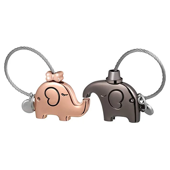 VORCOOL 2pcs Lovely Elephant Key Ring Kissing Animal Couple Keychain with Metal Wire Rope (Black and Rose Gold) for $10.99